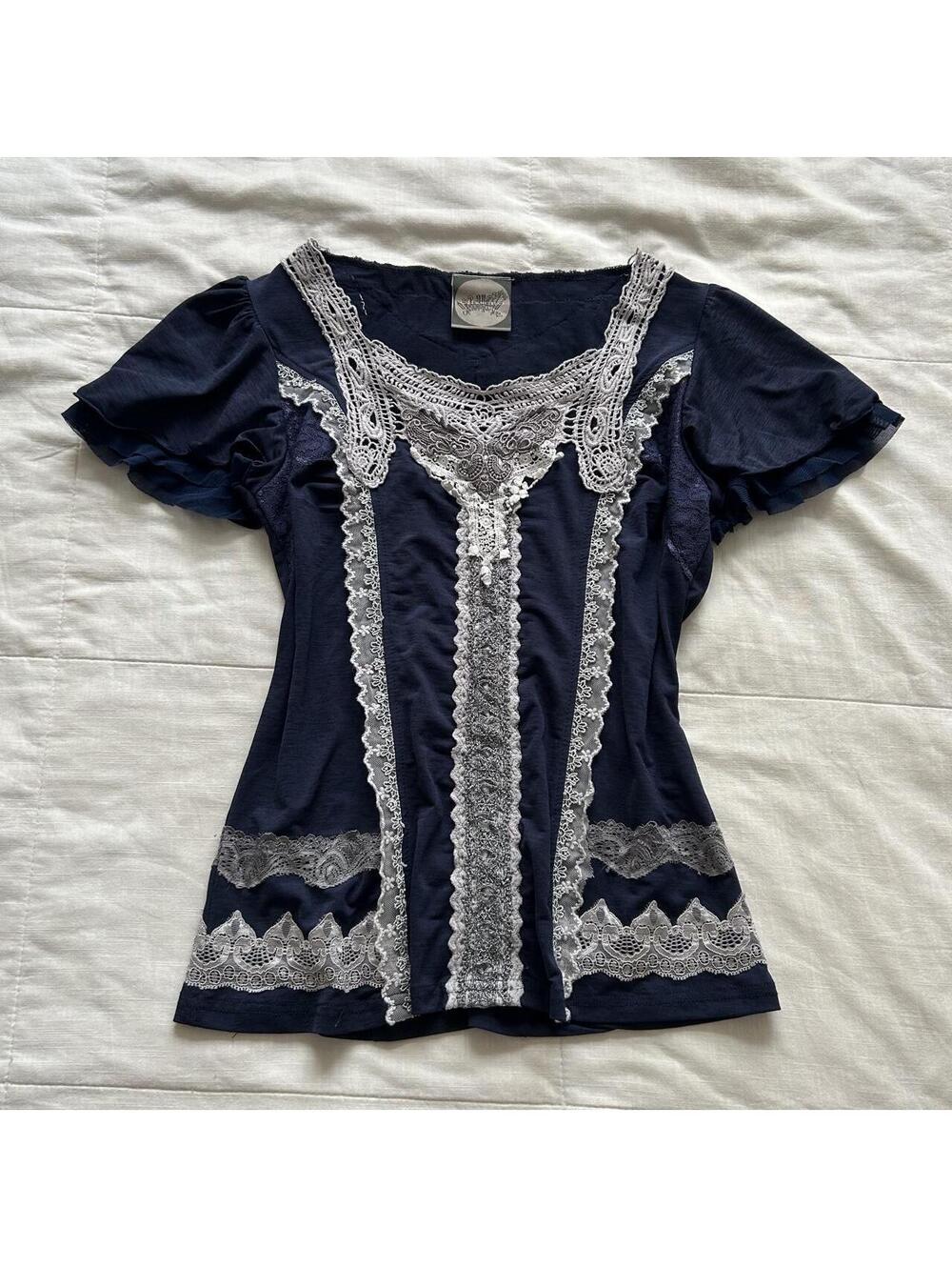 Ozz Oneste Navy Blue Lace Top S Silver Grey Crochet Gothic Lolita Visual Kei